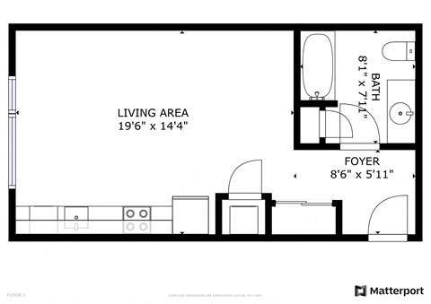 Floor plan for studio, 1 bath, 398 sqft